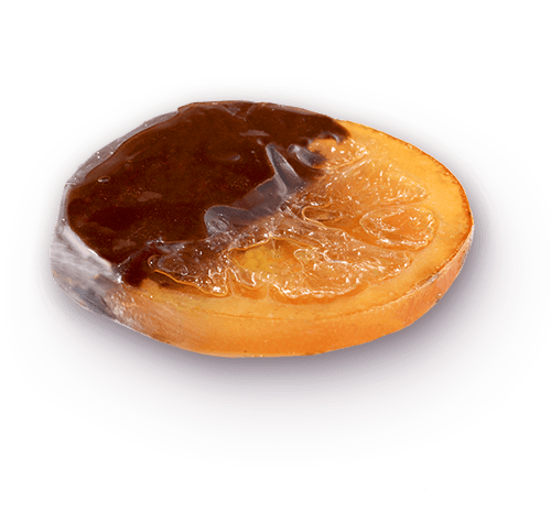 ORANGE TREMPÉE: Rodaje de naranja, confitada y bañada en chocolate amargo.